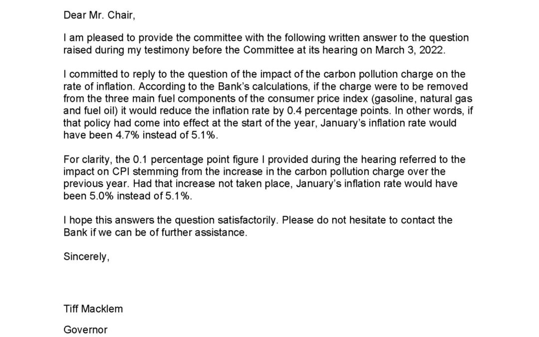 Carbon tax responsible for 0.4% of inflation, Governor of Bank of Canada tells Finance Committee